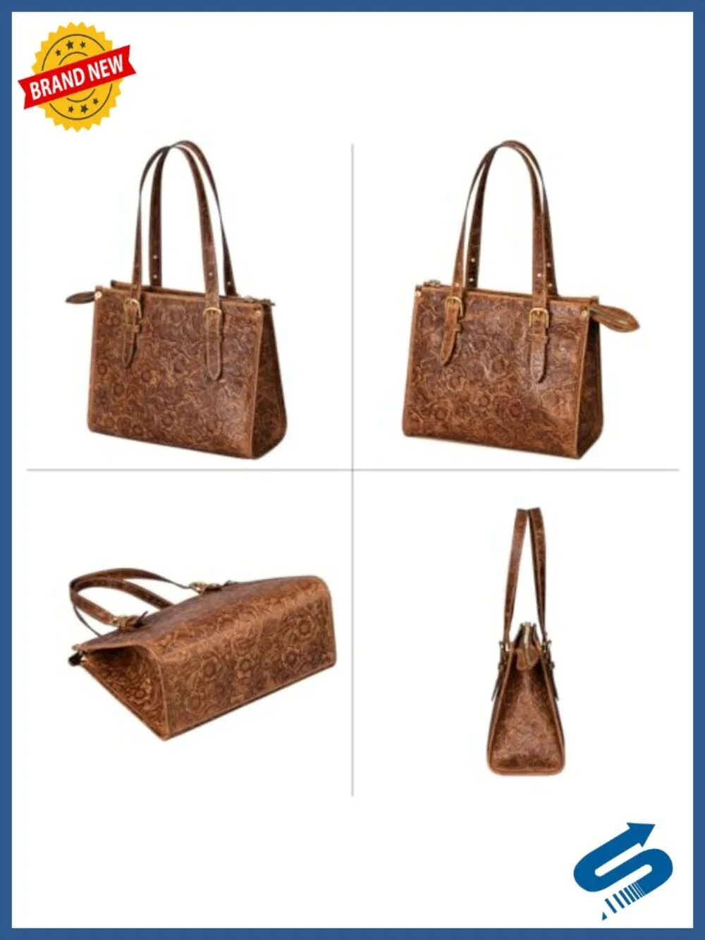 Genuine Full Grain Leather Tote Bag for Women Vintage Work Bag Floral Embossed
